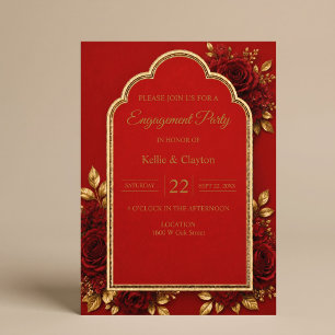 Red & Gold Floral Engagment Party Invitation
