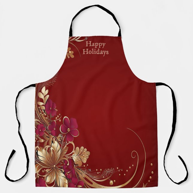 Red Gold Floral Holiday Apron (Front)