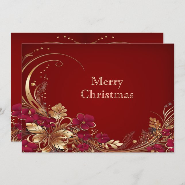 Red Gold Floral Holiday Card (Front/Back)