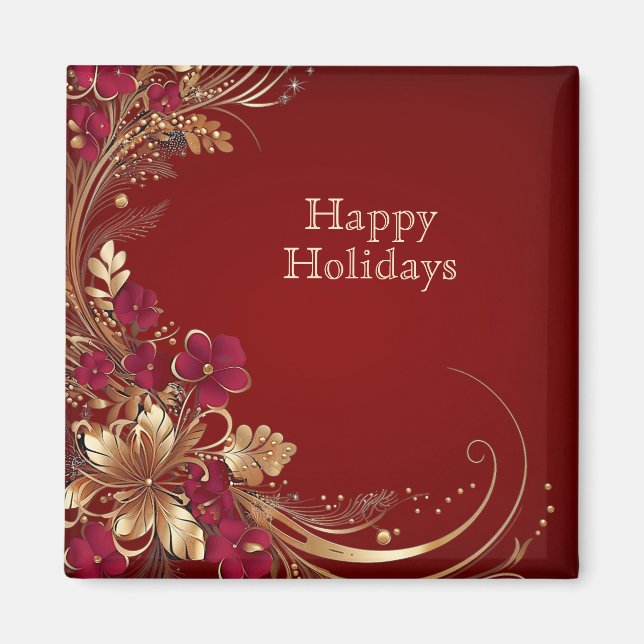 Red Gold Floral Holiday Magnet (Front)