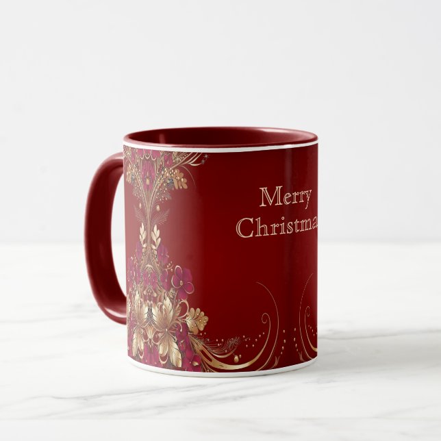 Red Gold Floral Holiday Mug (Front Left)