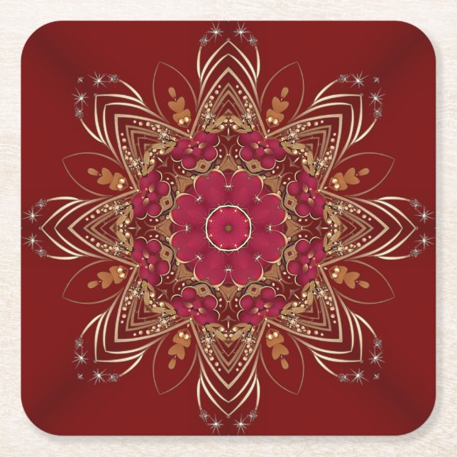 Red Gold Floral Holiday Paper Coaster (Front)