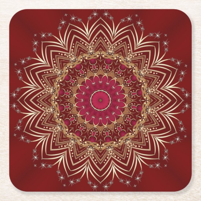Red Gold Floral Holiday Paper Coaster (Front)