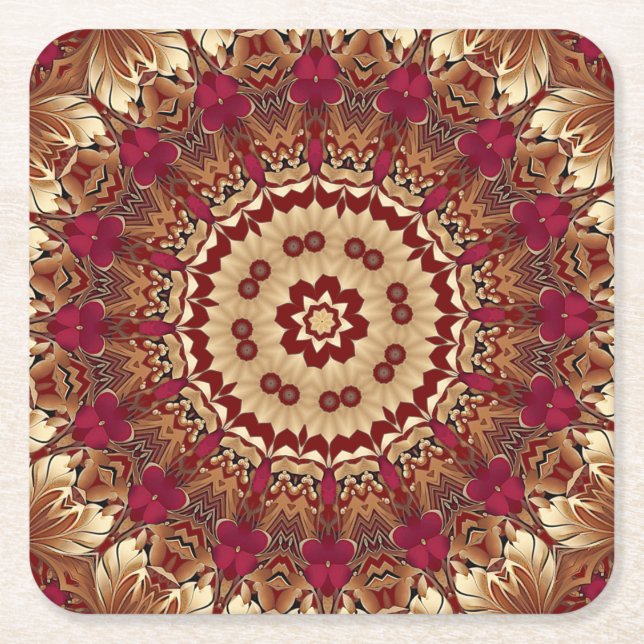 Red Gold Floral Holiday Paper Coaster (Front)