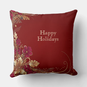Red Gold Floral Holiday Throw Pillow