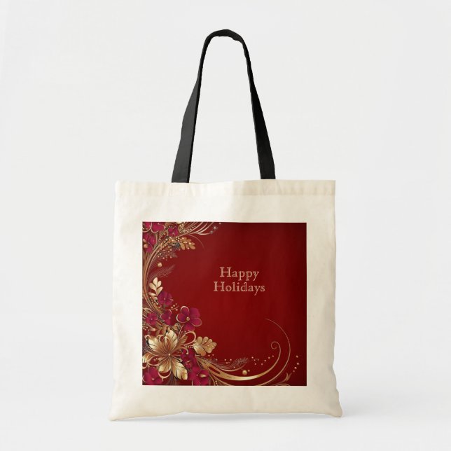 Red Gold Floral Holiday Tote Bag (Front)