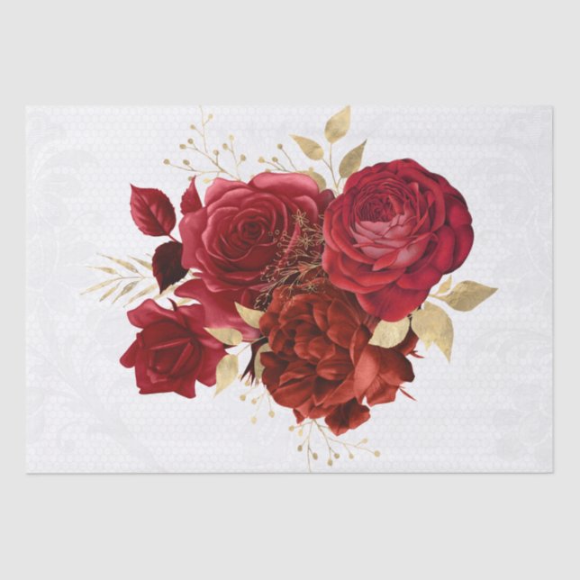Red Gold Floral Lace Bouquet Decoupage Tissue Paper (Front)