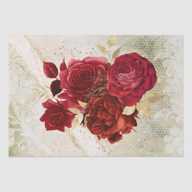 Red Gold Floral Lace Bouquet Decoupage Tissue Paper (Front)
