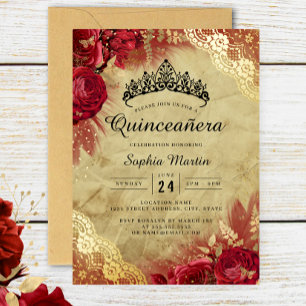 Red Gold Floral Lace Quinceanera 