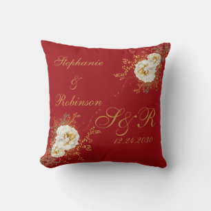 Red Gold Floral Monogram Logo Wedding Cushion
