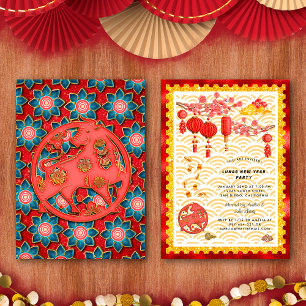 Red Gold Floral Ox Zodiac Chinese New Year Party Invitation