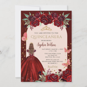 Red Gold Floral Princess Quinceanera Invitation