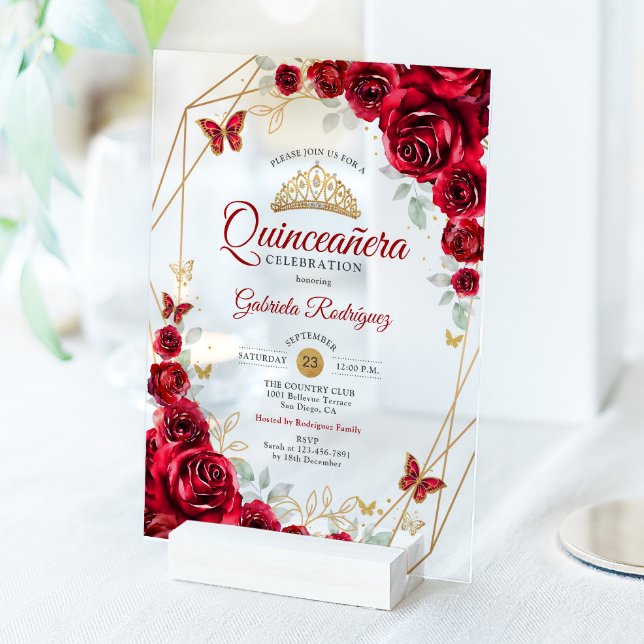 Red Gold Floral Quinceanera Acrylic Invitations (Creator Uploaded)