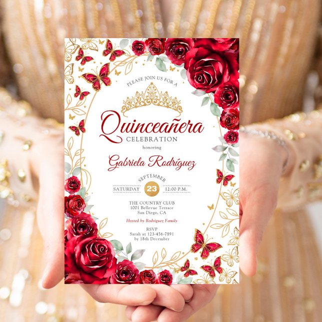 Red Gold Floral Quinceanera Invitation (Creator Uploaded)