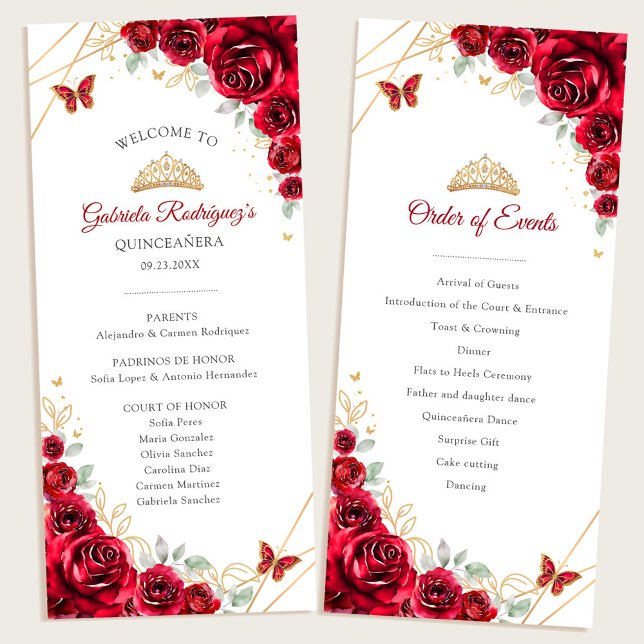 Red Gold Floral Quinceanera Order of Events Program (Creator Uploaded)
