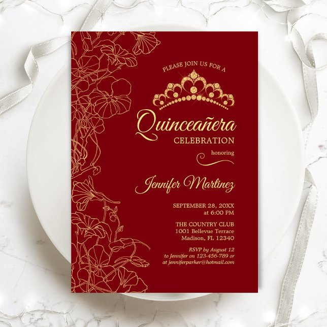 Red Gold Floral Quinceanera Party Invitation (Creator Uploaded)