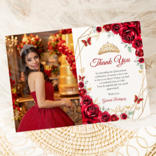 Red Gold Floral Quinceanera Photo Thank You Card