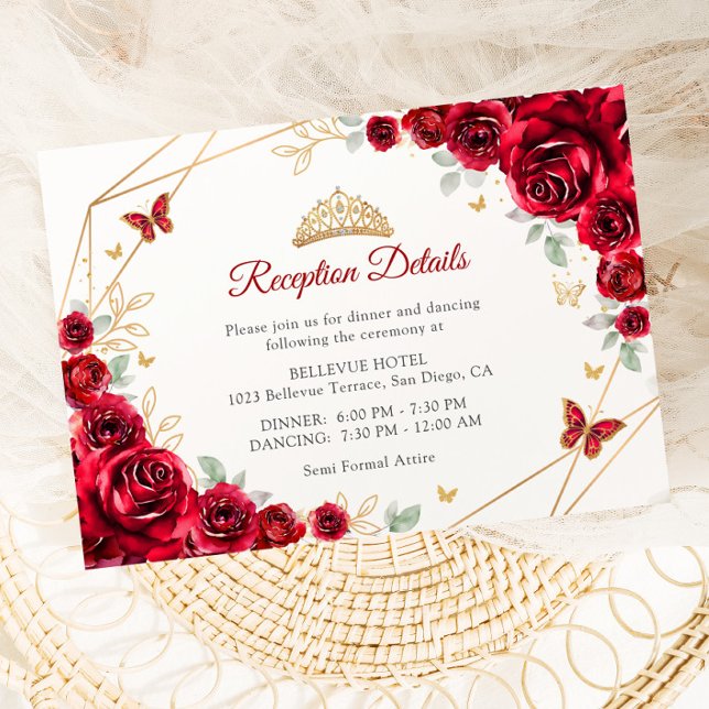 Red Gold Floral Quinceanera Reception Details Enclosure Card (Creator Uploaded)