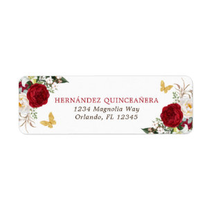 Red Gold Floral Quinceañera Return Address Label