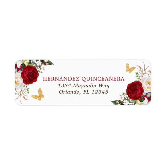 Red Gold Floral Quinceañera Return Address Label (Front)