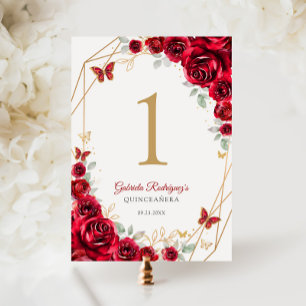 Red Gold Floral Quinceanera Table Number