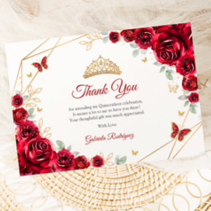 Red Gold Floral Quinceanera Thank You Card