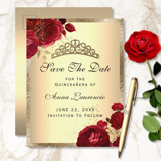 Red Gold Floral Roses Quinceanera Save The Date Postcard (Creator Uploaded)