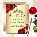 Red Gold Floral Roses Quinceanera Save The Date Postcard<br><div class="desc">Please note,  gold foil details are simulated.</div>