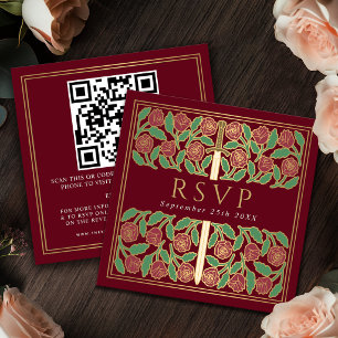 Red Gold Floral Royal Wedding RSVP QR Code  Enclosure Card