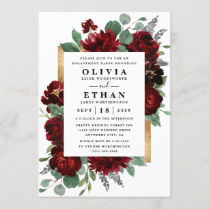 Red Gold Floral Rustic Elegant Engagement Party Invitation