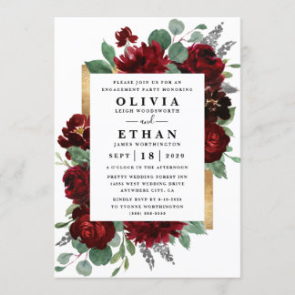Red Gold Floral Rustic Elegant Engagement Party Invitation