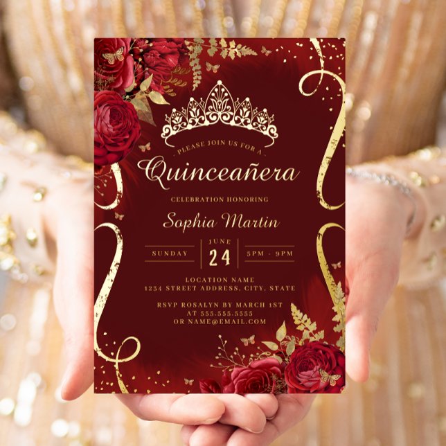 Red Gold Floral Scroll Quinceanera  (Creator Uploaded)