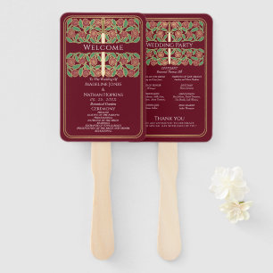 Red Gold Floral Sword Royal Wedding Program Hand Fan