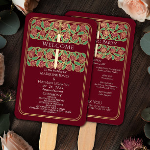 Red Gold Floral Sword Royal Wedding Program Hand Fan