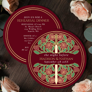 Red Gold Floral Sword Royal Wedding Rehearsal  Invitation