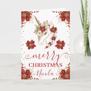 Red & Gold Floral Unicorn Merry Christmas Card