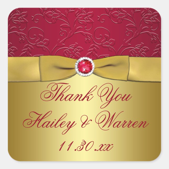 Red, Gold Floral Wedding Favour Thank You Sticker (Front)