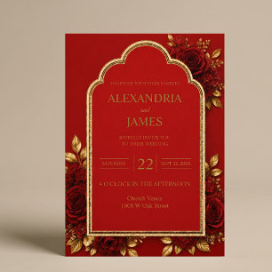 Red & Gold Floral Wedding Invitation