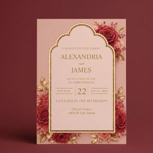 Red & Gold Floral Wedding Invitation