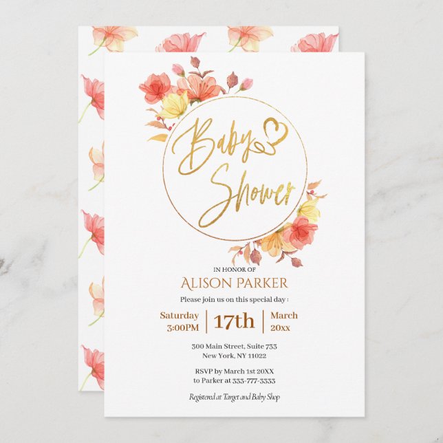 Red Gold Floral Wreath Watercolor Baby Shower Invitation (Front/Back)