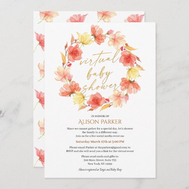 Red Gold Floral Wreath Watercolor Virtual Shower Invitation (Front/Back)