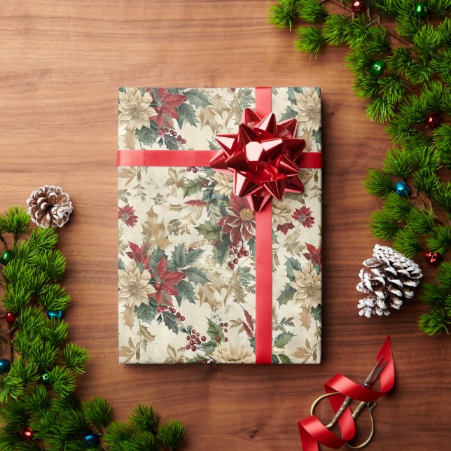 Red & Gold Flower Christmas Pattern Wrapping Paper (Holiday Gift)