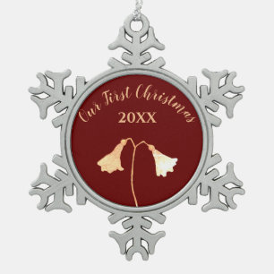 Red Gold Flower Couple's First Christmas Snowflake Pewter Christmas Ornament