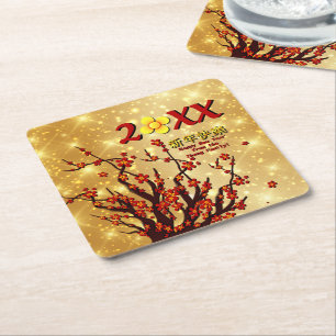 Red Gold Flowers Happy Chinese New Year 20XX  Square Paper Coaster