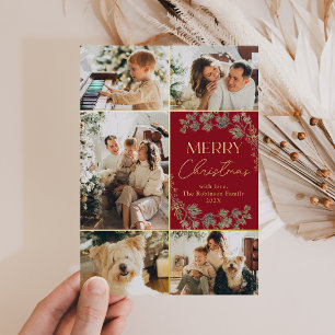 Red Gold Foil 5 Photo Family Christmas Card