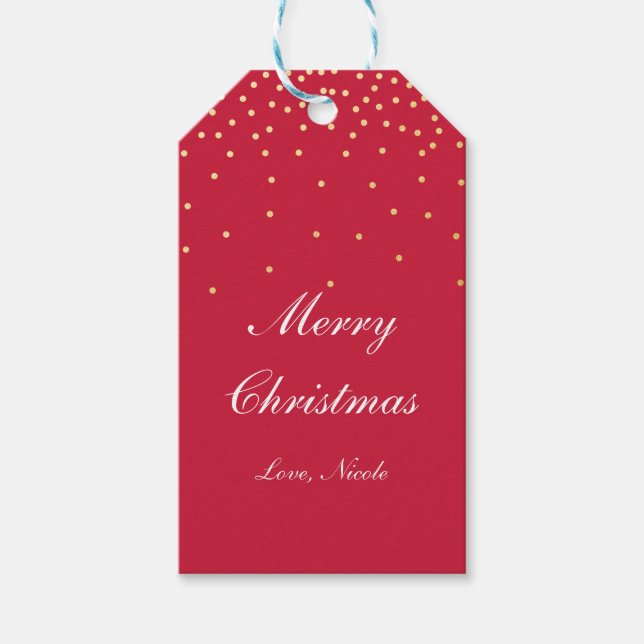 Red & Gold Foil Confetti Dots Christmas Gift Tag (Front)