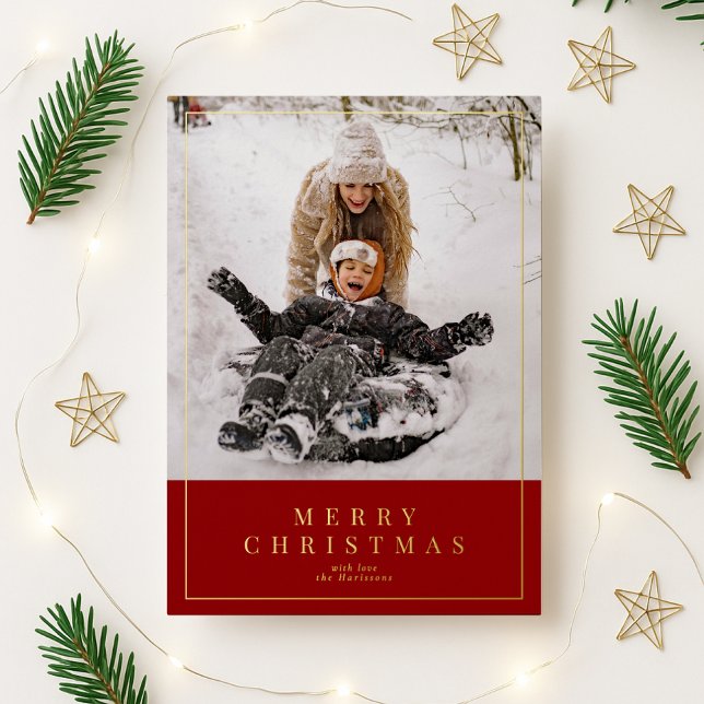 Red gold foil Merry Christmas family photo  Foil Holiday Card (Creator Uploaded)
