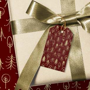 Red Gold Foil Winter Scene Trees Snow Gift Tags