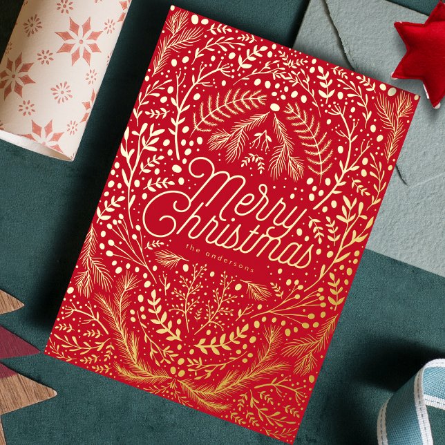 Red Gold Foliage & Berries Merry Christmas Foil Holiday Card (Creator Uploaded)