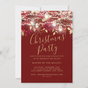 Red Gold Foliage Lights Christmas Party   Invitation